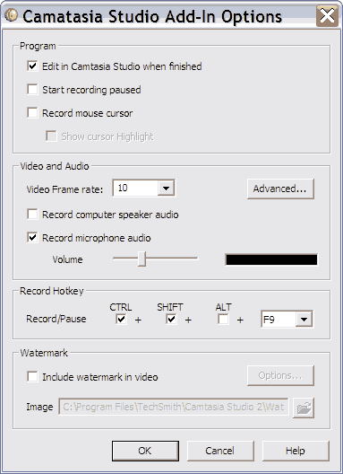 Camtasia Studio Add-in Options