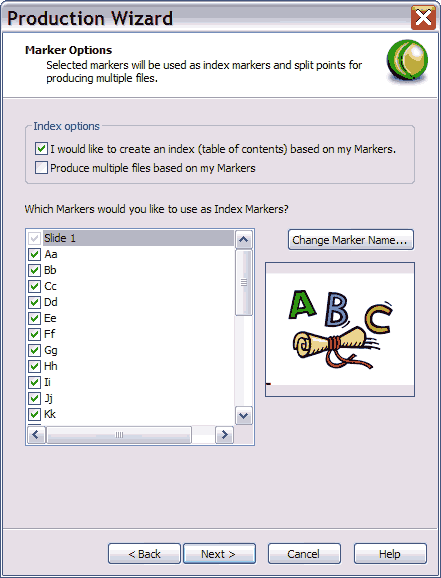 Table of Contents in Production Wizard