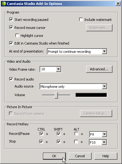 Camtasia Studio Recording options