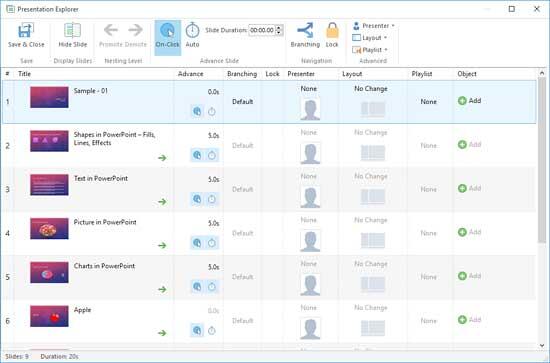 Presentation Explorer window