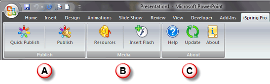 iSpring Pro tab on the Ribbon iSpring Pro tab on the Ribbon