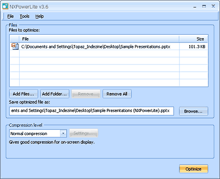 NXPowerLite 3.6 Interface