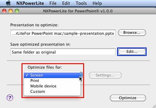 Optimization values drop-down list
