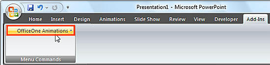 OfficeOne Animations button within Menu Commands group of Add-Ins tab of the Ribbon OfficeOne Animations button within Menu Commands group of Add-Ins tab of the Ribbon