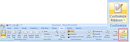 The Customize Ribbon option appears in the View ribbon tab of PowerPoint 2007 The Customize Ribbon option appears in the View ribbon tab of PowerPoint 2007