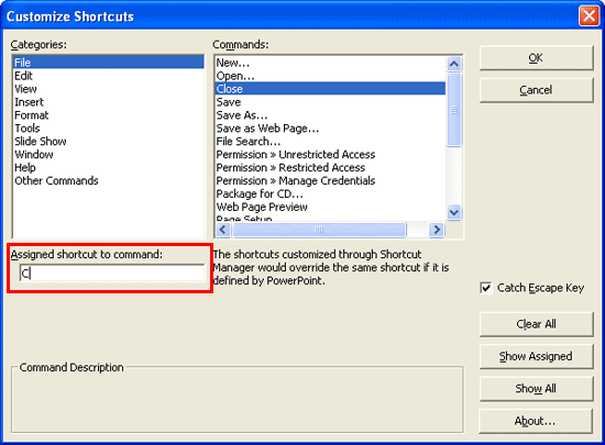 Change or assign shortcut keys