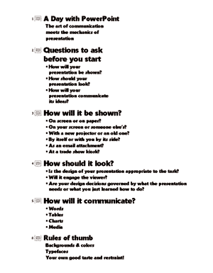 This printed outline shows slide titles and expanded text