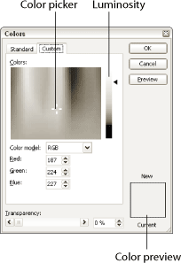 The Custom tab lets you mix your own RGB and HSL colors