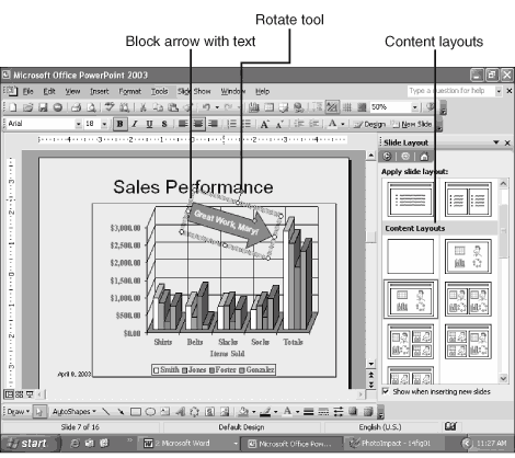Making this arrow fly in from the left or dissolve in is as easy as any object we worked with in the previous hour. Putting it at a slight angle is just a matter of twisting the Rotate tool Making this arrow fly in from the left or dissolve in is as easy as any object we worked with in the previous hour. Putting it at a slight angle is just a matter of twisting the Rotate tool