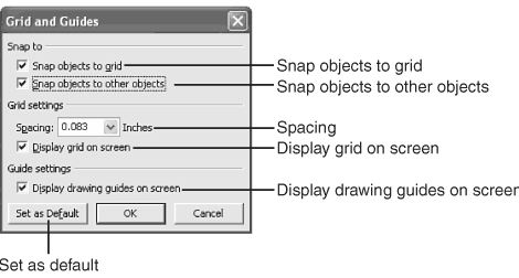 The Grids and Guides dialog box enables you to show a grid and/or a set of vertical and horizontal guides to help align drawn objects The Grids and Guides dialog box enables you to show a grid and/or a set of vertical and horizontal guides to help align drawn objects