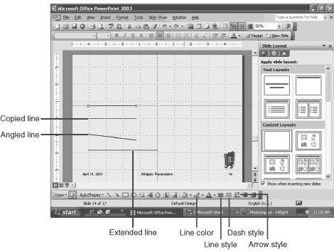 The key to working with drawing objects is to have them selected. Theyre selected immediately after theyre created, and can be clicked to be reselected The key to working with drawing objects is to have them selected. Theyre selected immediately after theyre created, and can be clicked to be reselected