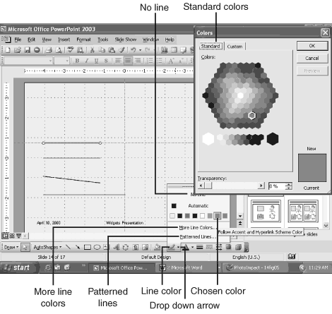 The Line Color tool has options for more colors and applying a pattern The Line Color tool has options for more colors and applying a pattern
