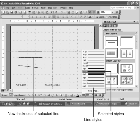 You can use the Line Style tool to alter the thickness of a line You can use the Line Style tool to alter the thickness of a line