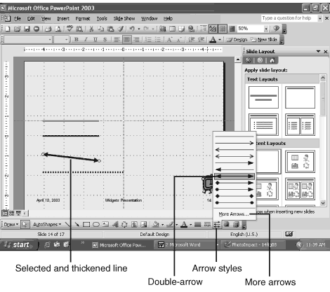 The Arrow Styles drop-down menu enables you to turn an existing line into different kinds of arrows, and to change the attributes of an existing arrow The Arrow Styles drop-down menu enables you to turn an existing line into different kinds of arrows, and to change the attributes of an existing arrow