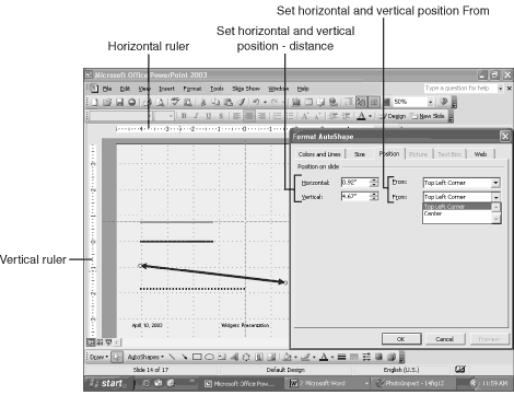 The Position tab of the Format AutoShape dialog box enables us to fix a selected objects position numerically with respect to the vertical and horizontal rulers The Position tab of the Format AutoShape dialog box enables us to fix a selected objects position numerically with respect to the vertical and horizontal rulers