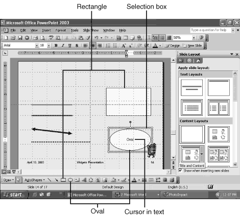 When you type to add text to an oval or rectangle or circle, the selection mode changes to enable you to format or edit the text (like a text box) When you type to add text to an oval or rectangle or circle, the selection mode changes to enable you to format or edit the text (like a text box)