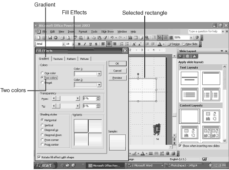 The Fill Effects options inside the Fill Color tool enable you to apply a gradient, texture, pattern, or picture to the selected object The Fill Effects options inside the Fill Color tool enable you to apply a gradient, texture, pattern, or picture to the selected object