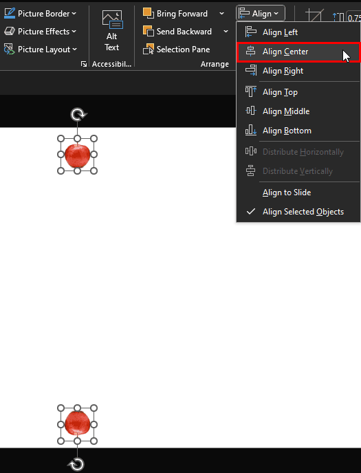 Align center with both apples selected