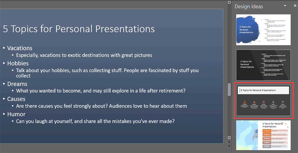 Options within the Design Ideas Task Pane