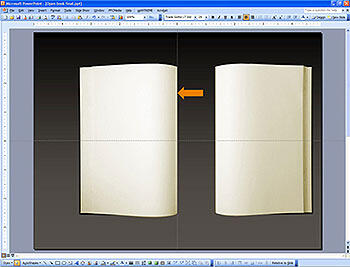 Align both halves of the page spread in PowerPoint, positioning the spine along a vertically-centered guideline