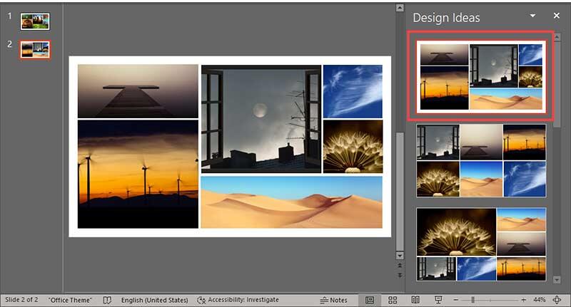 The last-used picture slide layout shows on top