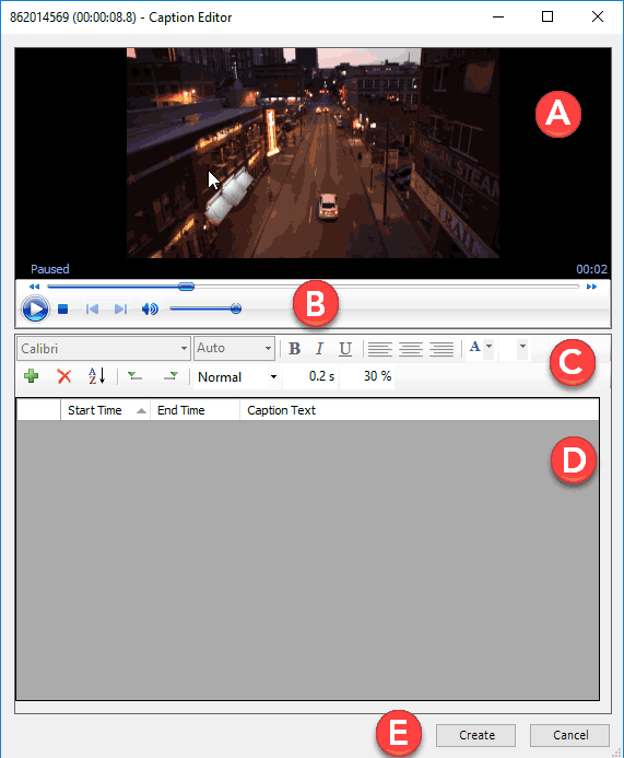 Caption Editor window