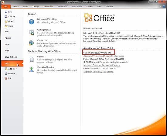 Microsoft PowerPoint version details