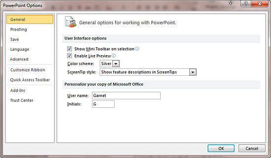 PowerPoint Options dialog box