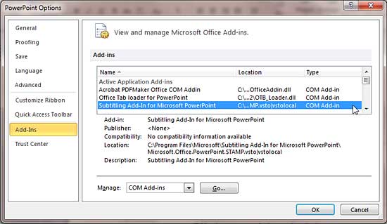 Sub-titling Add-in for PowerPoint within Active Application Add-ins list