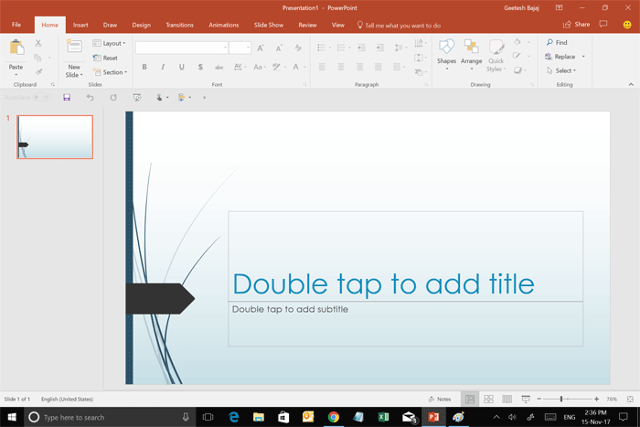 PowerPoint 2016 interface with Touch mode active