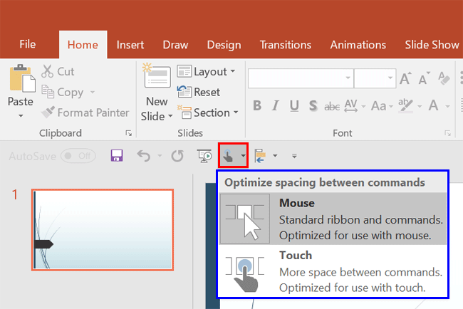 Touch/Mouse Mode button added to the Quick Access toolbar