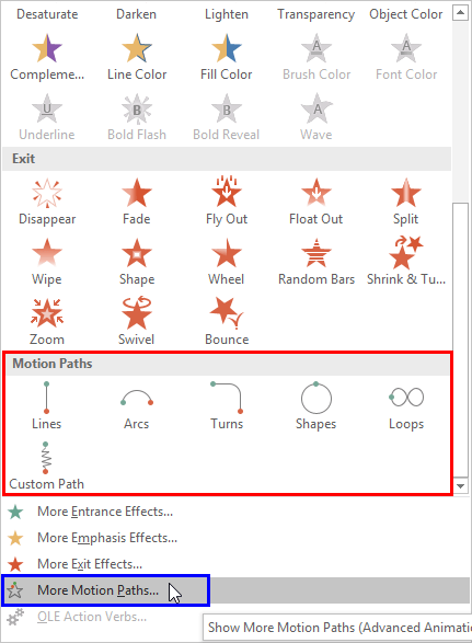 Motion Path animations within Add Animation drop-down gallery Motion Path animations within Add Animation drop-down gallery