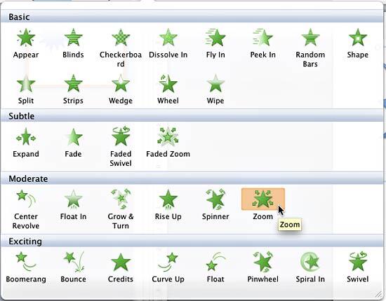 Entrance Effects drop-down gallery