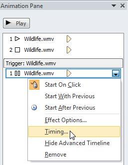 Timing option for the selected action