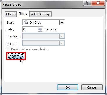 Triggers button within the Timing tab of the Pause Video dialog box