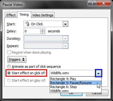 List of slide objects displayed for the Start effect on click of option