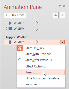 Timing option for the selected action Timing option for the selected action