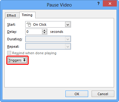 Triggers button within the Timing tab of the Pause Video dialog box Triggers button within the Timing tab of the Pause Video dialog box