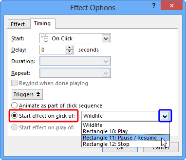 List of slide objects displayed for the Start effect on click of option List of slide objects displayed for the Start effect on click of option