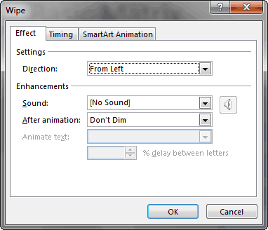 Wipe animation dialog box