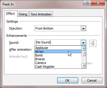 Arrow sound selected to play along with the animation