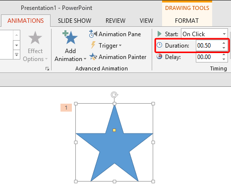 Duration box within the Animations tab
