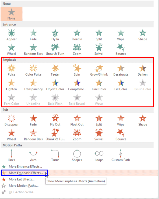 Emphasis Effects available for a shape (or a picture) Emphasis Effects available for a shape (or a picture)