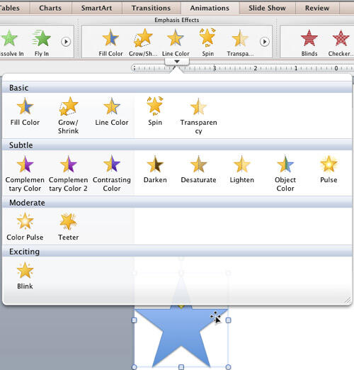 Emphasis Effects drop-down gallery opened along with a shape selected Emphasis Effects drop-down gallery opened along with a shape selected