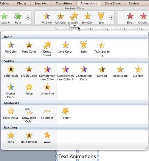 Emphasis Effects drop-down gallery opened along with a text box selected Emphasis Effects drop-down gallery opened along with a text box selected