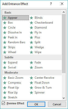 Add Entrance Effect dialog box Add Entrance Effect dialog box