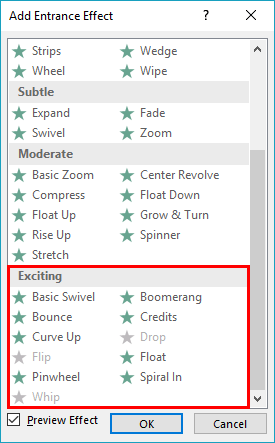 Add Entrance Effect dialog box Add Entrance Effect dialog box