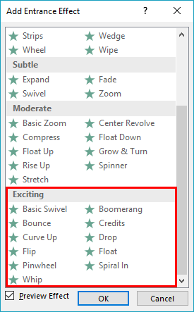 Add Entrance Effect dialog box summoned with a text box selected Add Entrance Effect dialog box summoned with a text box selected