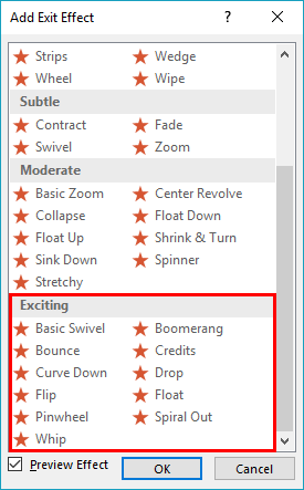 Add Exit Effect dialog box summoned with a text box selected