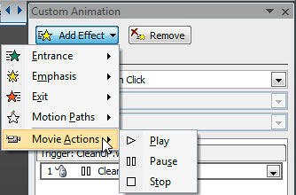 Movie Actions sub-menu within the Add Effects drop-down menu